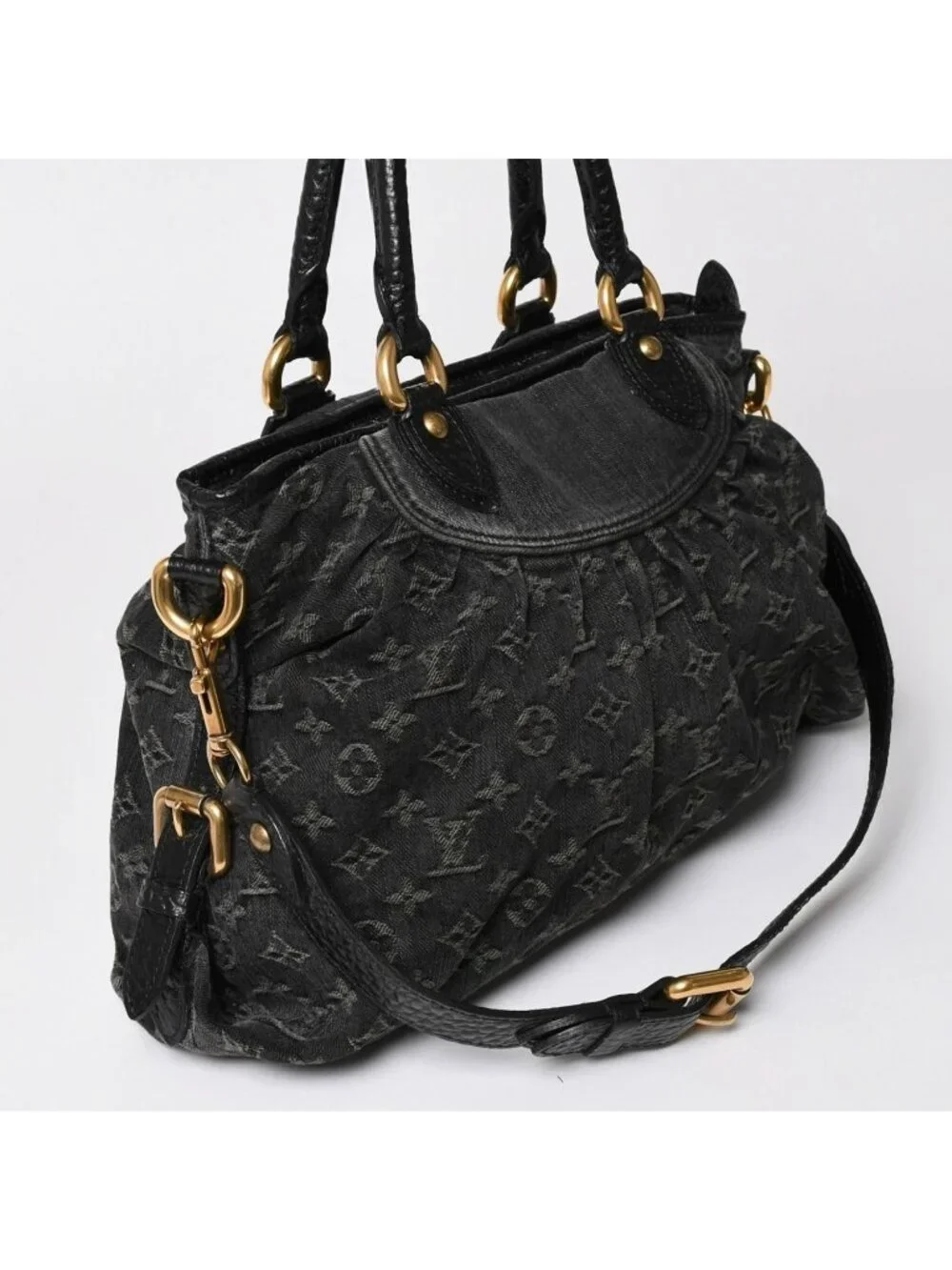Louis Vuitton Neo Cabby MM Handbag Monogram Denim Black 2-Way Gold